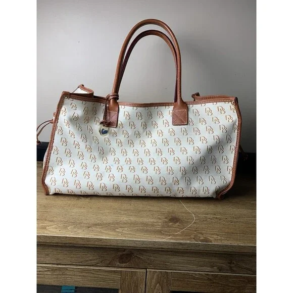 Dooney & Bourke Letter Logo Monogram Tote Bag Leather Canvas Beige - Picture 4 of 16